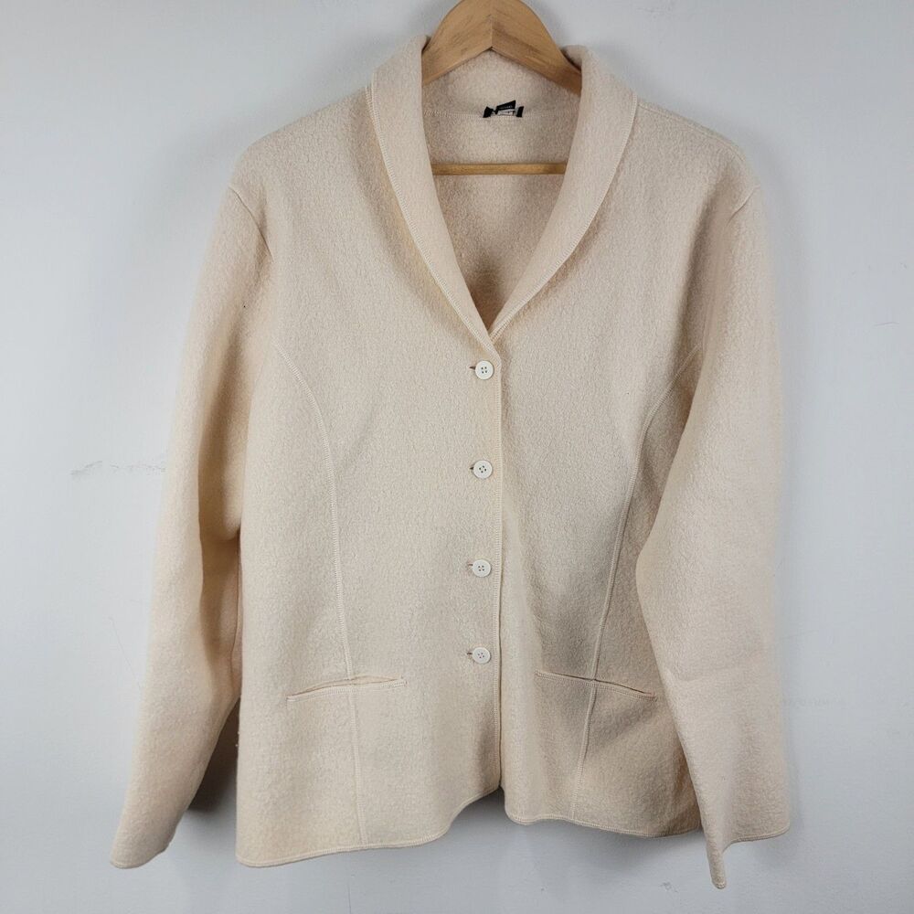 Eileen Fisher Wool Boucle Jacket Blazer Womens Size L Neutral Cream Tan Classic